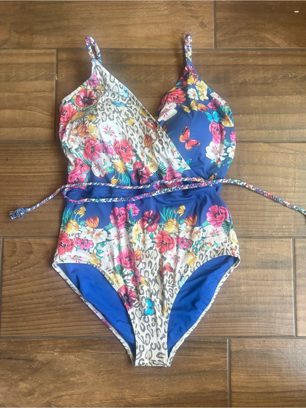 Johnny Was Fleur Braided Wrap One Piece Swimsuit 1X Floral Butterfly
